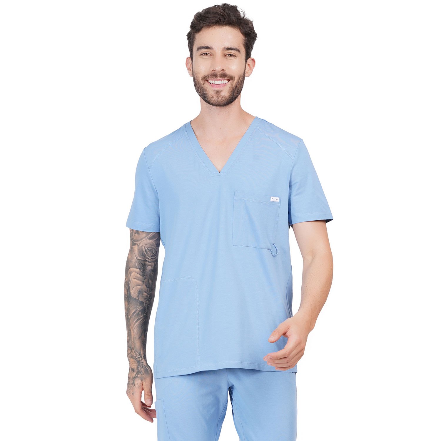 MKMT01CFB(4) Men Scrub Tops V Neck Cornflower Blue in Cotton
