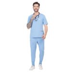 Men Scrub Tops Cornflower Blue Round Neck in Cotton