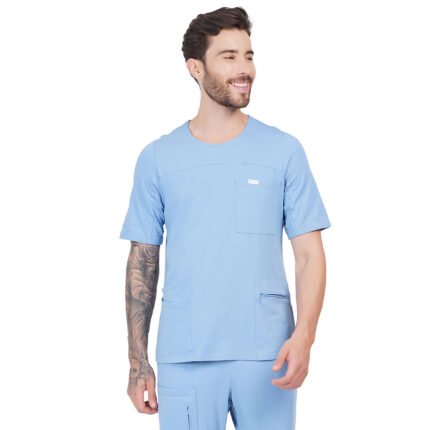Men Scrub Tops Cornflower Blue Round Neck in Cotton