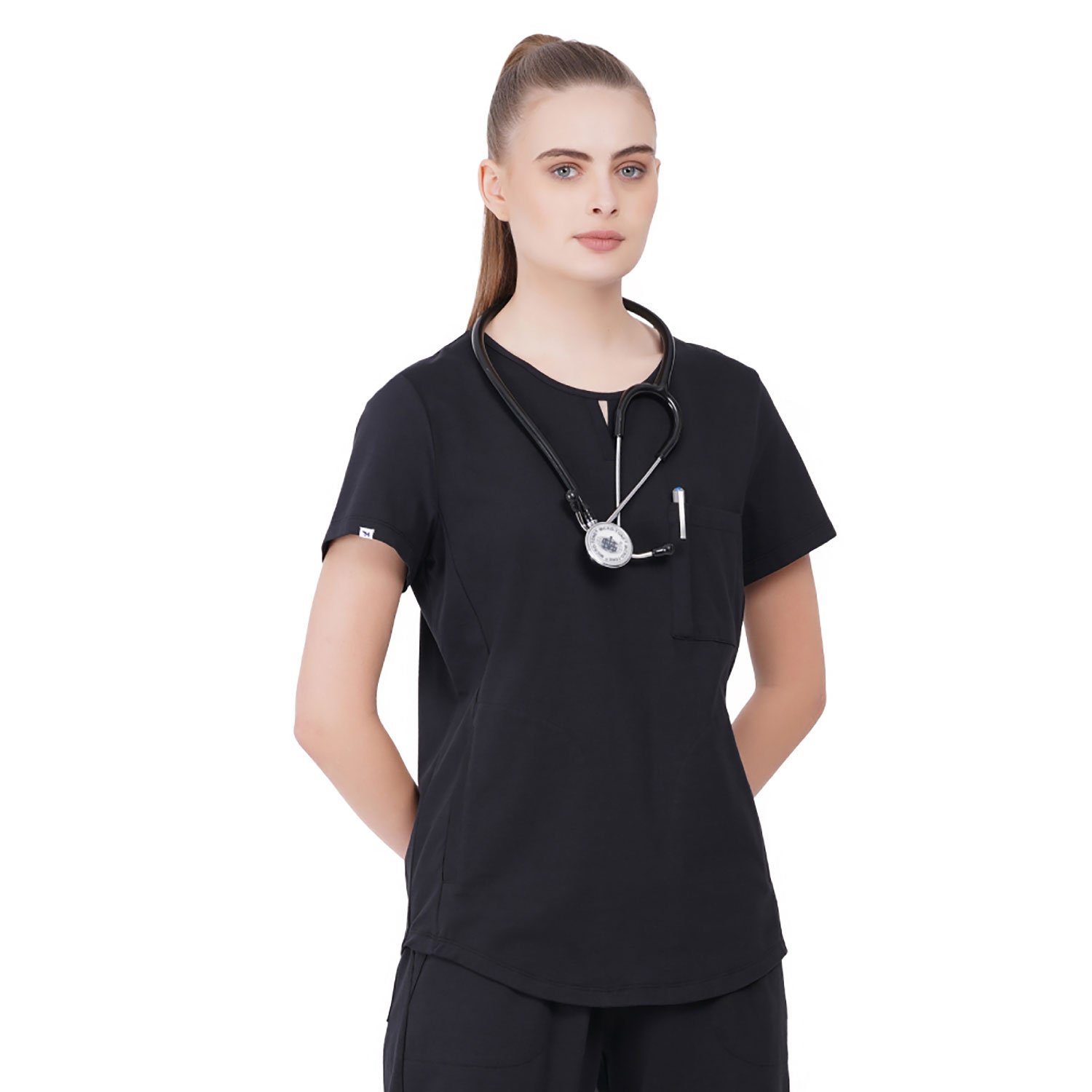 MKFT02BLK-(1) Women Scrub Tops Black Round Neck in Cotton