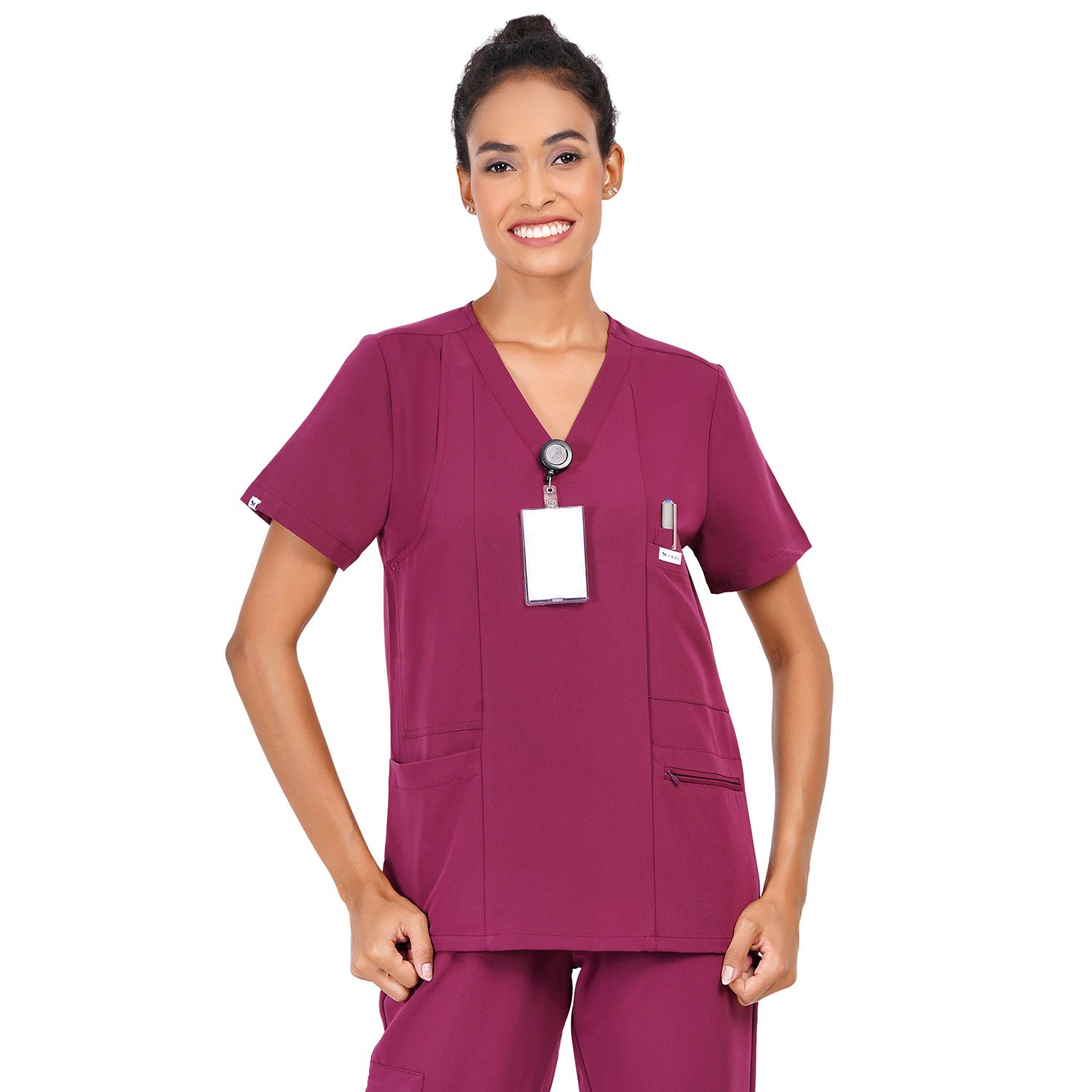 MWFT02WINE(1) Women Scrub Tops Wine V Neck 5 Pockets in Polyester