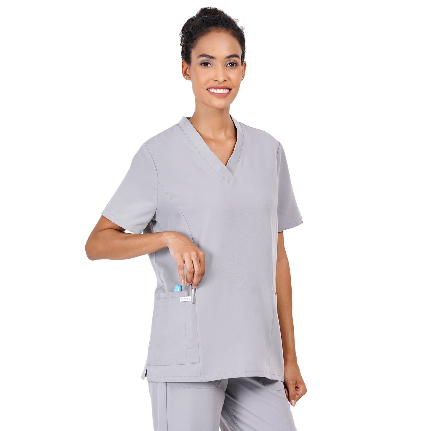 MWFT03SGREY(9) Women Scrub Tops Grey V Neck 4 Pockets in Polyester