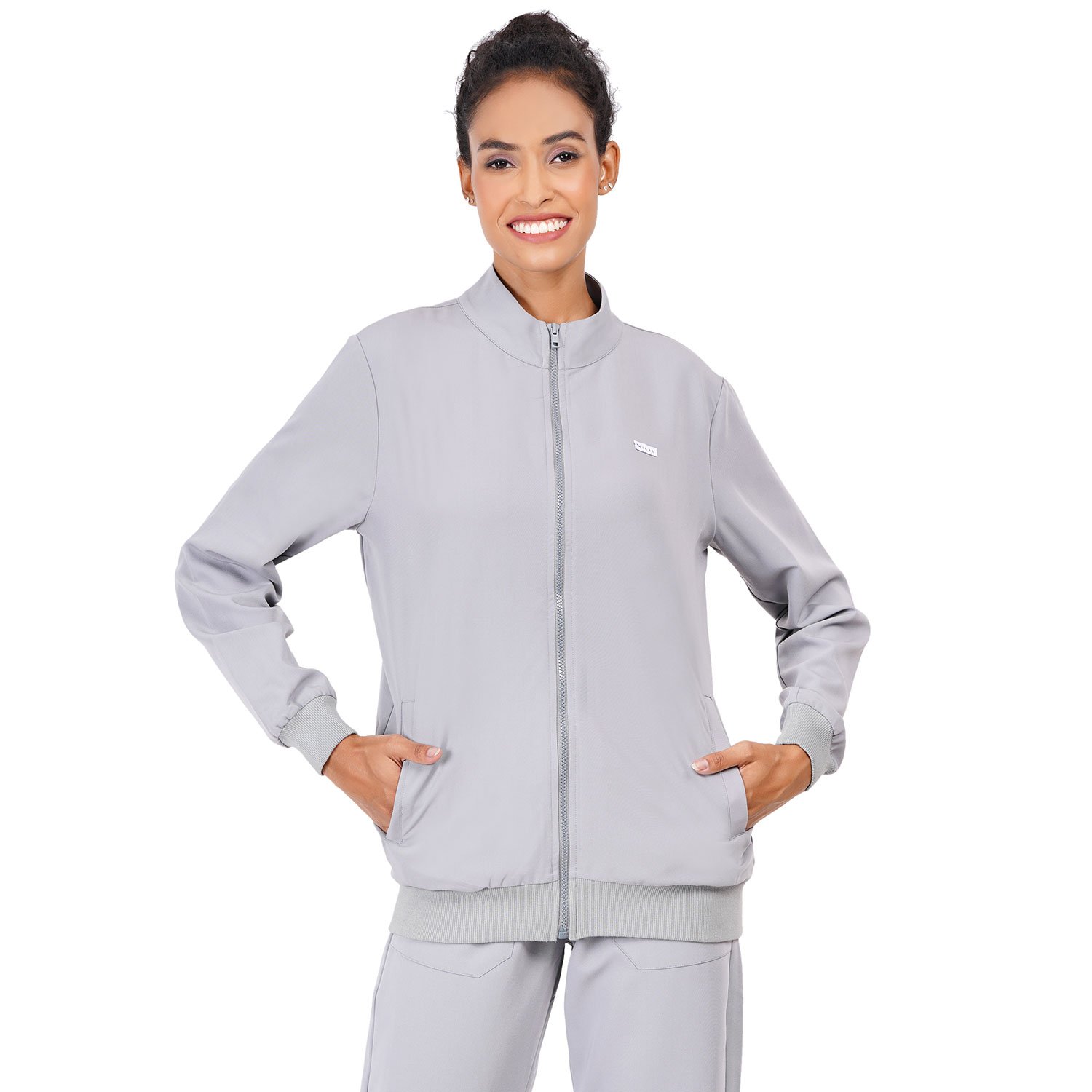 MWFT05SGREY(1) Women Zip Up Mock Neck Grey Scrub Jackets