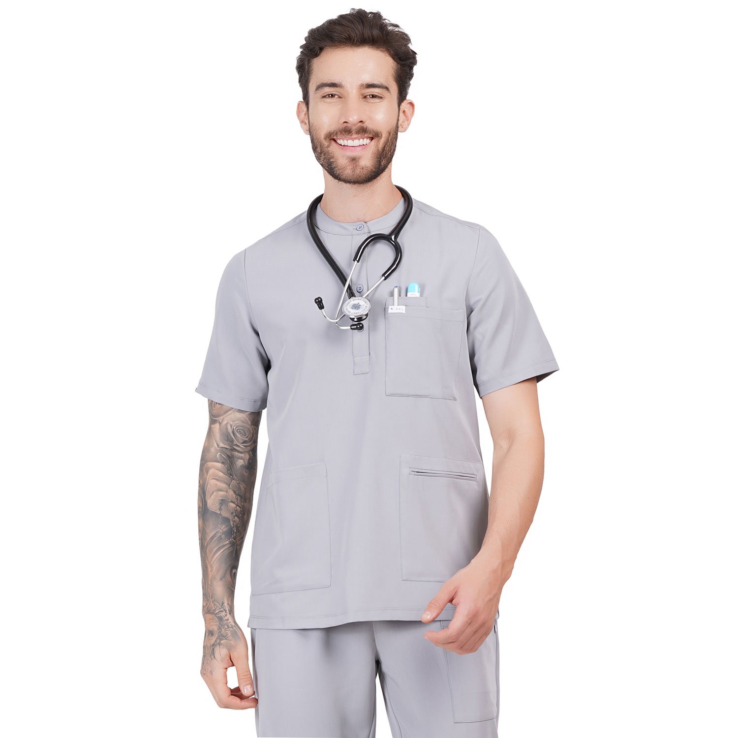 MWMT02SGREY(9) Men Scrub Tops Grey Button Closure in Polyester