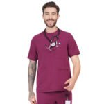 Men Scrub Tops Wine Button Closure in Polyester